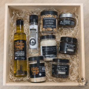 Coffret truffe gourmet avec assortiment de produits à la truffe dans boîte en bois