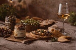 Pot de tapenade artisanale aux olives noires posé sur une planche en bois avec du pain grillé et des herbes de Provence