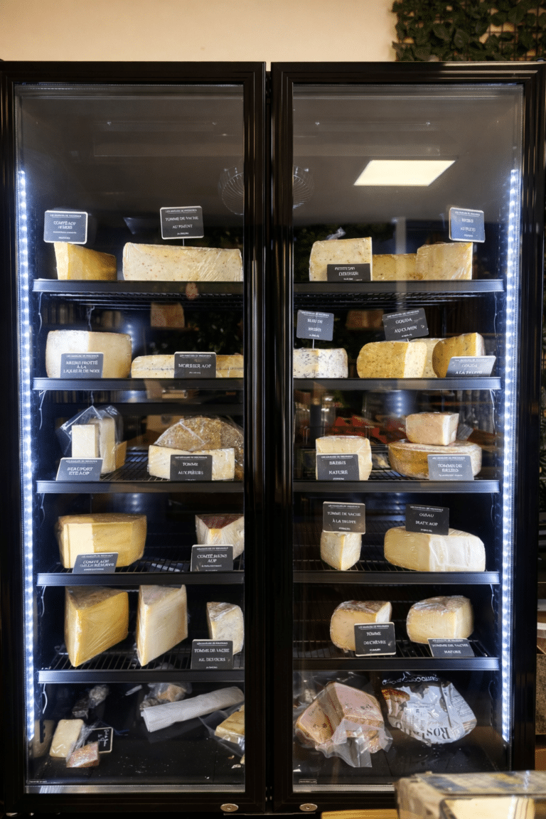 Fromages affinés en vitrine réfrigérée – fromagerie à Lançon-Provence