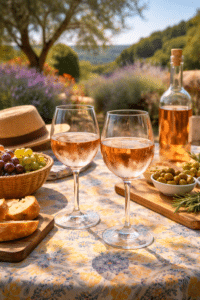 Verres de vin rosé de Provence sur une table provençale ensoleillée