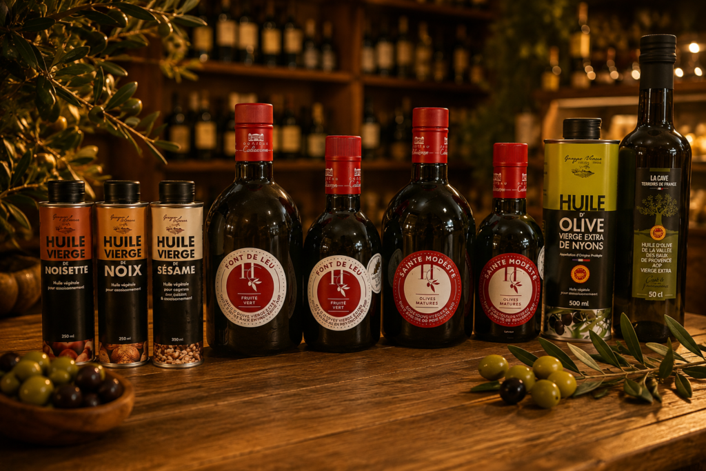 Huile d'olive vierge extra de Provence versée dans une coupelle sur une table provençale